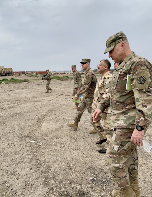 U.S. Army Brig. Gen. Howard Geck, commanding general, 103rd Expeditionary Sustainment Command, visited Iraqi Army Brig. Gen. Mae'n, Iraqi Army National Western Track Repair Facility commander, at Camp Taji, Iraq, Feb. 24, 2020.  Geck also toured...