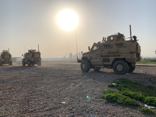 U.S. Army Soldiers of the 108th Sustainment Brigade, Task Force Lincoln, Team Blackhawks, Illinois National Guard, conduct movement to a range at Camp Taji, Iraq, Feb. 7, 2020. Soldiers completed training designed to increase their warfighting...