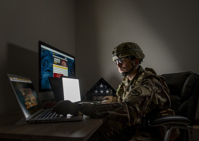 Due to the COVID-19 pandemic, the Army Reserve has authorized all units to perform Virtual Battle Assemblies (VBAs) for all Troop Program Unit (TPU) commands. VBAs have been put in place to ensure Soldiers have the maximum means to maintain individual Soldier readiness, build resiliency and provide financial stability and security to Soldiers and their families. In this illustrative image, Master Sgt. Michel Sauret poses to visually depict Soldier readiness in the virtual age during a time of social distancing. (U.S. Army Reserve photo by Master Sgt. Michel Sauret)
