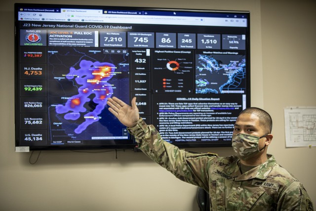 U.S. Army Chief Warrant Officer 2 Timothy Jardinico works in the New Jersey National Guard’s Joint Operations Center in the Homeland Security Center of Excellence, Lawrenceville, N.J., April 22, 2020. New Jersey Soldiers and Airmen, as well as active duty and civilians from U.S. Northern Command are working together in the center to support the state’s response efforts to COVID-19. 