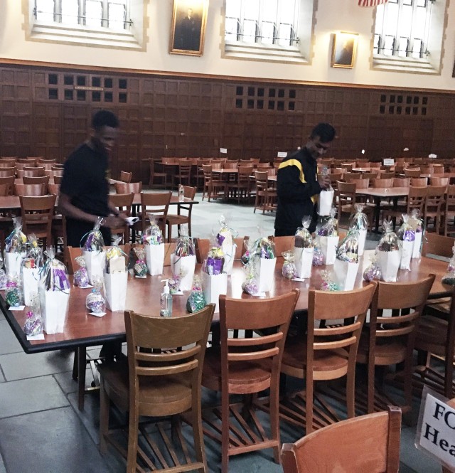 Class of 2022 Cadet Elisha Muhirwa, a four-year exchange cadet from Rwanda, and (right) Class of 2023 Cadet Mateshan Subramaniam, a four-year exchange from Malaysia, inspect Easter bags donated to the cadets staying in transient barrack at the U.S. Military Academy. (Photo courtesy of Capt. Dymitri Dutkanicz)