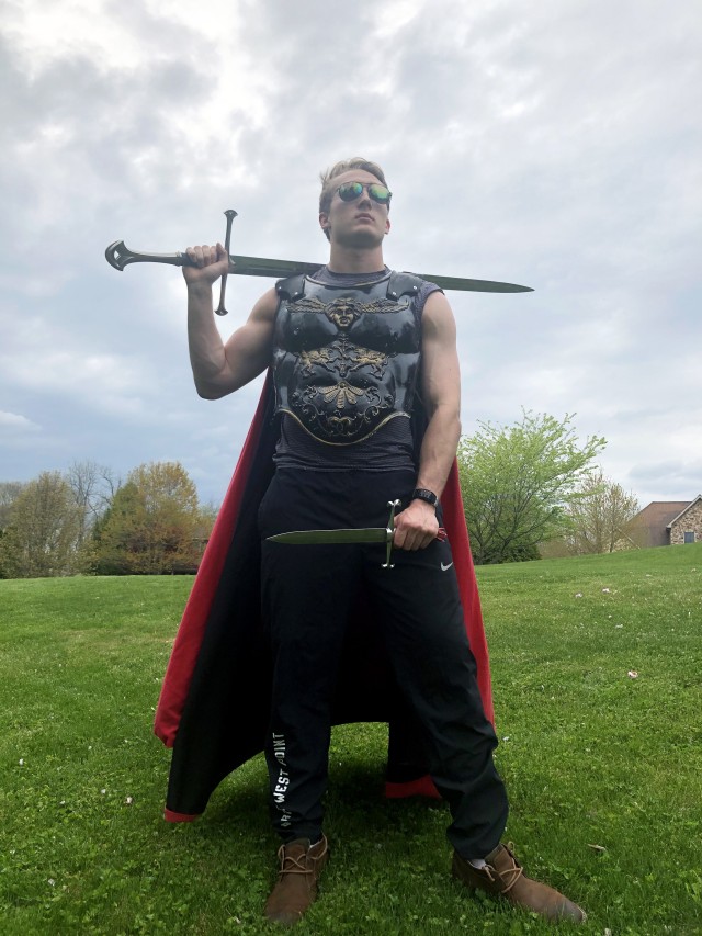 Class of 2023 Cadet Chris Barrett portrays Henry the Fifth in his video monologue. His costume was made by his grandmother and originally designed as Thor before being repurposed. (Photo courtesy of Class of 2023 Cadet Chris Barrett)