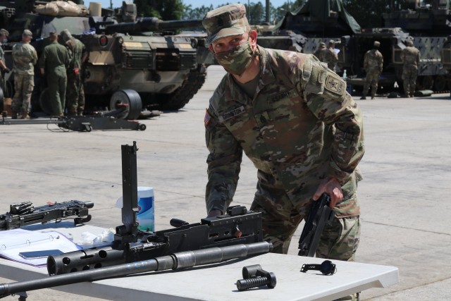 Sgt. Maj. of the Army Michael A. Grinston oversees 3rd Infantry Division Soldiers training with safety measures in place, such as the use of masks and physical distancing at Fort Stewart, Ga., May 5, 2020. Grinston conducted a virtual town hall...