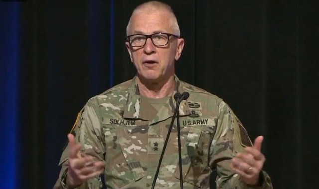 Maj. Gen. Thomas Solhjem, the chief of chaplains, speaks during a virtual Chaplain Corps town hall from the Pentagon in Washington, D.C., May 5, 2020. 