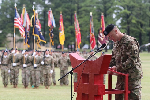 Chaplain (Maj) Drew Billingsley, chaplain for the 3rd Brigade Combat Team, 101st Airborne Division (Air Assault), prays at the 3BCT change of command ceremony Aug. 22, 2019. (U.S. Army photo by: Staff Sgt. Michael Eaddy)