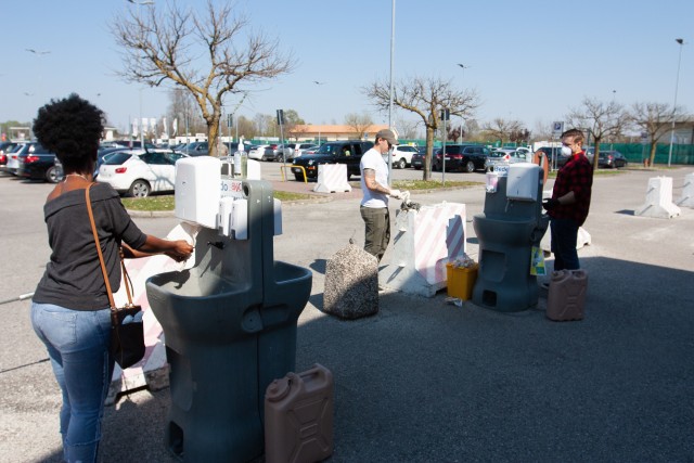 Hand washing stations are located outside of all essential stores on Caserma Ederle and Caserma Del Din in order to ensure all patrons are within the standards set by Italian law. Team Overwatch, a contingent of 173rd Airborne Brigade Soldiers,...
