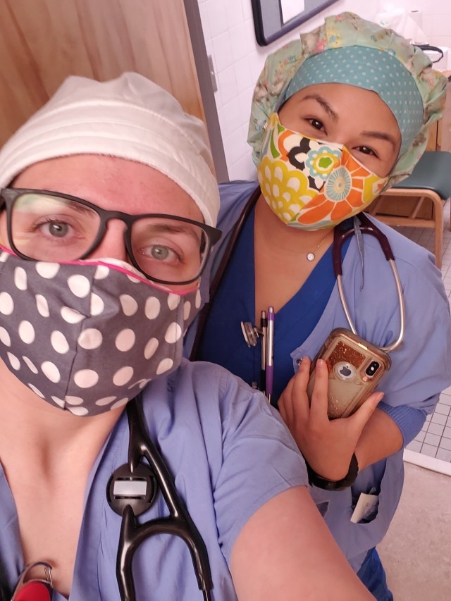 Nurses from the Cape Fear Valley Medical Hospital in Fayetteville, North Carolina., pose for a picture wearing masks made by Master Sgt. Jennifer Davidson, member of the U.S. Army Parachute Team, “Golden Knights”. (Photo by Jennifer Flynn)