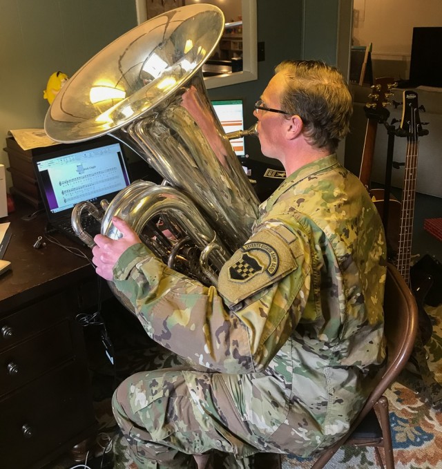 Sgt. 1st Class Tyrone Tedrick, tuba player for the 99th Readiness Division’s 78th Army Band, leads a virtual master class on tuba fundamentals April 29, 2020. As COVID-19 pandemic social-distancing guidelines shuttered schools in March 2020 Tedrick and fellow band member Sgt. 1st Class Nicholas Greeson devised and created a fully interactive virtual music mentorship program for the quarantined elementary and high school students. In response to the ongoing pandemic, the 99th RD is spearheading several virtual initiatives to support the 45,000 Army Reserve Soldiers living and serving throughout the division’s 13-state region stretching from Maine to Virginia.