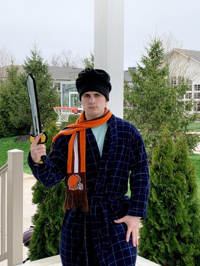 Class of 2023 Cadet Mark Bobinski portrays Richard the Third from the play “Henry the Sixth” during his video monologue. He built his costume from a robe, an old beanie belonging to his dad and a Cleveland Browns scarf to pay homage to his...