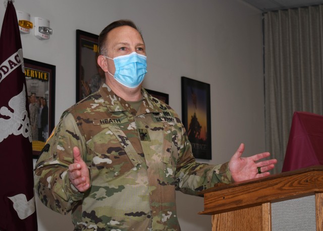 FORT DRUM, N.Y. – Col. Rob Heath, the commander of the U.S. Army Medical Department Activity (MEDDAC), Fort Drum, N.Y., speaks to participants of the National Nurses Week kick-off celebration at the Guthrie Ambulatory Healthcare Clinic on Fort...