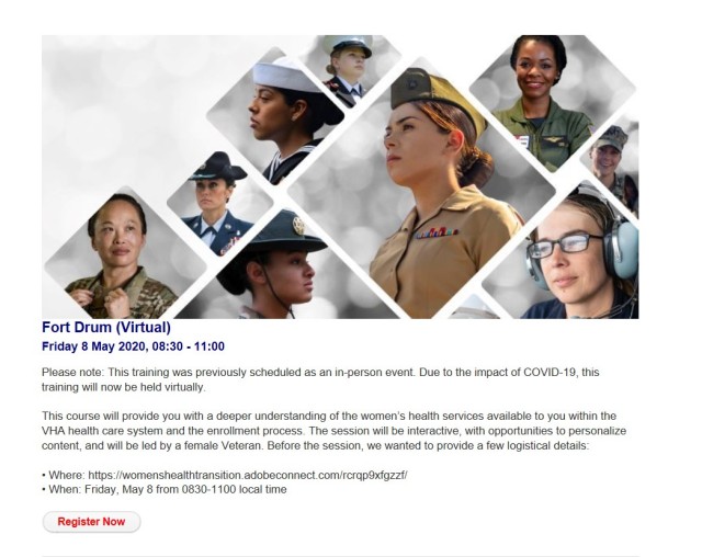 The Department of Veterans Affairs offers a live online training course for servicewomen to become informed about their health care options after transitioning out of the Army through the Women’s Health Transition Training (WHTT), with the next class available 8:30 to 11 a.m. May 8 for Fort Drum Soldiers. (Screenshot)