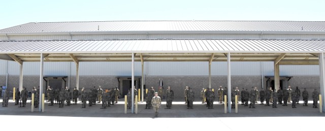 Soldiers with the Joint Readiness Training Center and Fort Polk’s 115th Field Hospital, 32nd Hospital Center, participate in a deployment ceremony prior to leaving to participate in Task For Evacuare May 6.