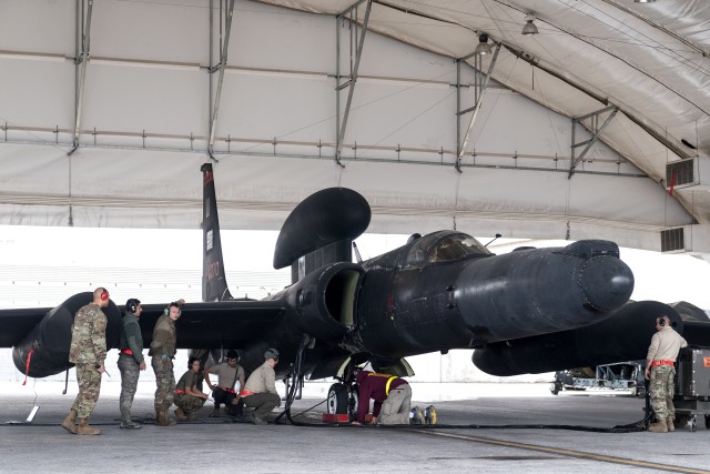 99th Expeditionary Reconnaissance Squadron maintainers prepare a U-2 Dragon Lady pilot for a mission in support of Operation Inherent Resolve from Al Dhafra Air Base, United Arab Emirates, Mar. 15, 2019. Commonly referred to as the most difficult...