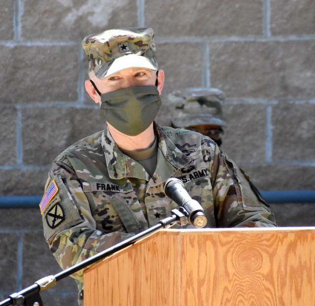 Brig. Gen. Patrick D. Frank, commander, JRTC and Fort Polk, addresses Soldiers with the 115th FH, 32nd HC, during a deployment ceremony May 6. The medics are deploying in support of  Task Force Evacuare.
