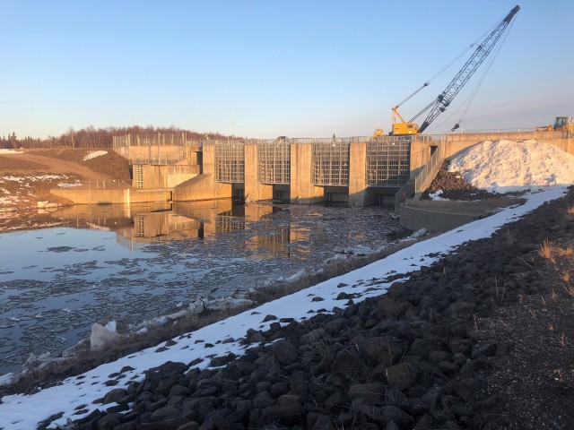 The Moose Creek Dam regulates stream flow on the Chena River to prevent flooding due to ice jams on April 27 near North Pole. Since 1981, the U.S. Army Corps of Engineers – Alaska District has operated the dam as part of the Chena Flood Control Project to protect the communities of Fairbanks, North Pole and Fort Wainwright from flooding.