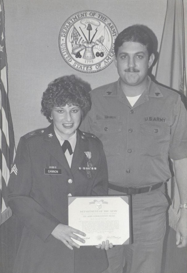 Sgt. Susan Cannon and Sgt. Chuck Cannon, circa 1981, U.S. Army Field Station San Antonio, Texas, shortly after becoming man and wife.