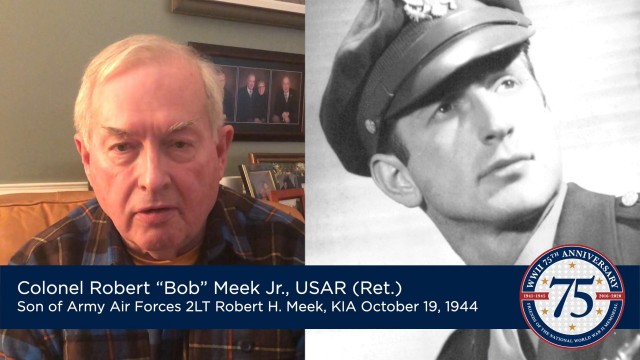 Retired Col. Robert Meek Jr., left, speaks of his father&#39;s sacrifice during World War II as part of an online V-E Day commemoration May 8, 2020. Second Lt. Robert Meek was a B-25 Mitchell bomber copilot who was killed during a raid on the Magenta Bridge near Milan, Italy, in October 1944. 