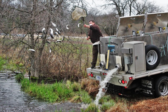 U.S. Fish and Wildlife Service (USFWS) employee Nick Bloomfield stocks rainbow trout April 29, 2020, in Stillwell Lake on South Post at Fort McCoy, Wis. Approximately 15,000 rainbow trout were stocked at several lakes and ponds April 27-29, 2020, at Fort McCoy by the USFWS Genoa National Fish Hatchery of Genoa, Wis. (U.S. Army Photo by Scott T. Sturkol, Public Affairs Office, Fort McCoy, Wis.)