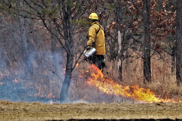A Fort McCoy, Wis., prescribed burn team member oversees a prescribed burn March 16, 2020, along the railroad tracks on South Post at the installation. The post prescribed burn team includes personnel with the Fort McCoy Directorate of Emergency...