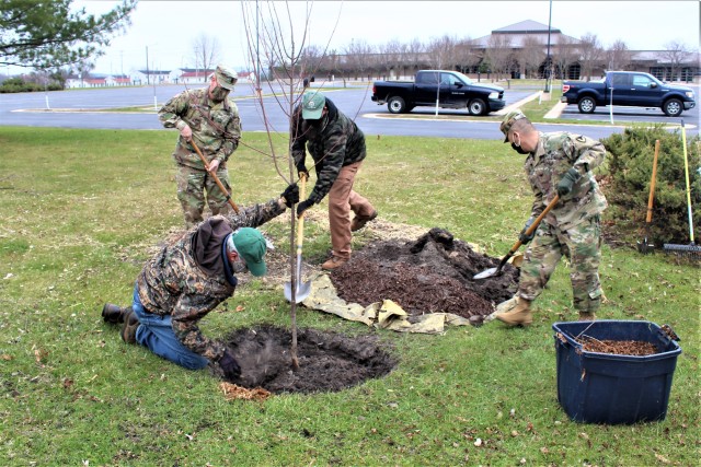 Garrison staff members, all practicing social distancing and other protective measures, plant a tree during the installation’s 2020 Arbor Day observance April 24, 2020, at Fort McCoy, Wis. For the ceremony held in front of McCoy’s Community...