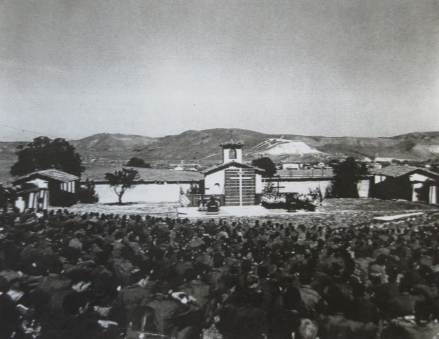 Historical photograph of a USO show at the Soldier Bowl amphitheater during World War II (thought to be 1943).