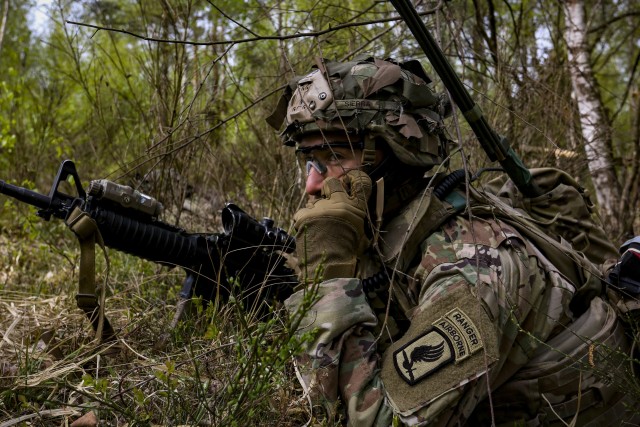 Cpl. Dominic Sierra, a U.S. paratrooper assigned to Bulldog Troop, 1st Squadron, 91st Cavalry Regiment, 173rd Airborne Brigade, watches for opposing forces during a field exercise on Grafenwoehr Training Area, Germany, April 24, 2020. The 173rd...