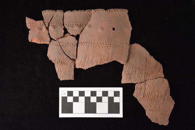 Fragments of ceramic vessels, identified as Naples stamped sherds, discovered in 2013 at a prehistoric sites at Fort McCoy, Wis., are shown. (Photo by Colorado State University Center for the Environmental Management of Military Lands.)