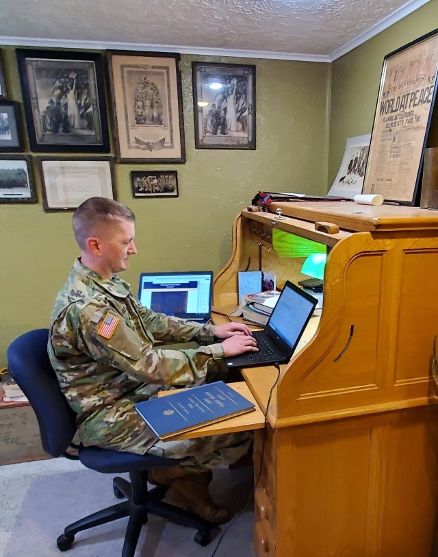 Capt. Kevin Braafladt of the First Army United States Army Reserve Support Command takes part in the unit's Virtual Battle Assembly.