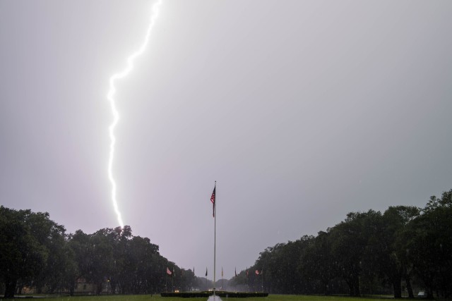 Lightning lights up the sky at Barksdale Air Force Base, La., June 5, 2018. During lightning storms, personnel are reminded to stay sheltered in buildings, underground shelters or automobiles. (U.S. Air Force photo by Airman 1st Class Tessa B....