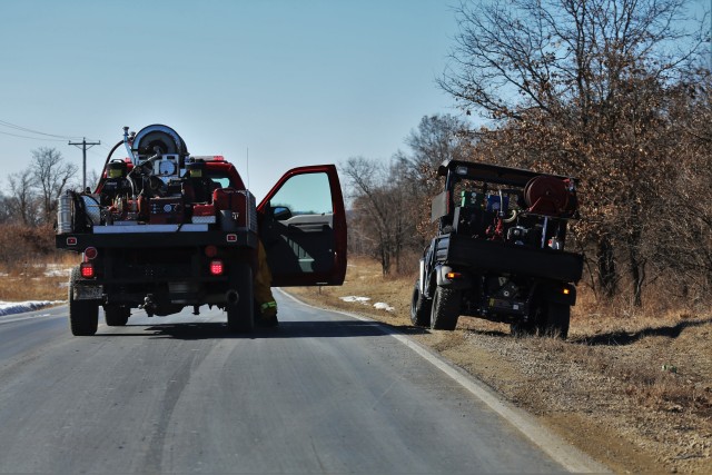 Fort McCoy, Wis., prescribed burn team members oversee a prescribed burn March 4, 2020, along the railroad tracks on South Post at the installation. The post prescribed burn team includes personnel with the Fort McCoy Directorate of Emergency...