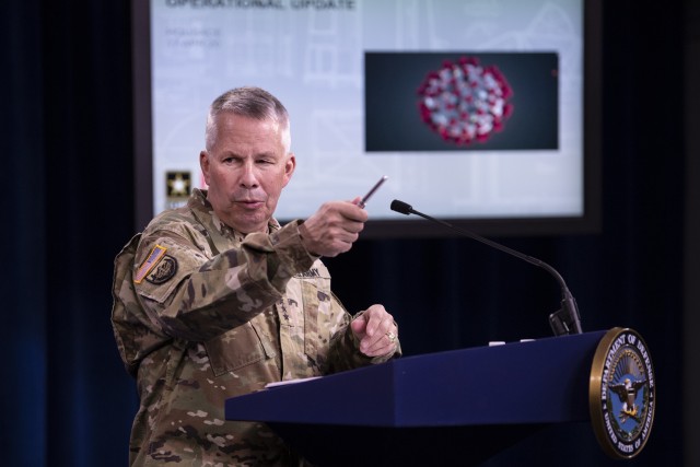 Lt. Gen. Todd Semonite, commander of the U.S. Army Corps of Engineers, holds a press briefing in the Pentagon Briefing Room, April 17, 2020, on the Corps’ support of the COVID-19 response. Semonite helped unveil an alternate care site at the...