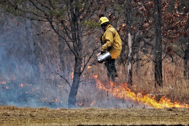 A Fort McCoy, Wis., prescribed burn team member oversees a prescribed burn March 16, 2020, along the railroad tracks on South Post at the installation. The post prescribed burn team includes personnel with the Fort McCoy Directorate of Emergency...
