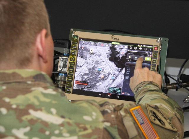 Then-Capt. Samuel (Jake) Singleton demonstrates Android Tactical Assault Kit on the Joint Battle Command-Platform’s Mounted Family of Computer Systems hardware at Aberdeen Proving Ground, Maryland, in August 2018. 