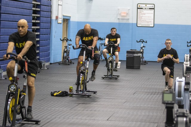 Participants in the Unbreakable warrior program conduct cardiovascular training while adhering to social distance guidelines at Monti Physical Fitness center May, 7 at Fort Drum, N.Y. (U.S. Army photo by Spc. Gregory Muenchow)
