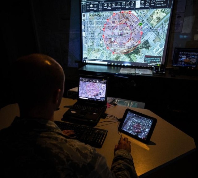 A 96th Security Forces Squadron base defense operations center controller plots a cordon area using the Android Tactical Assault Kit on July 5, 2018, at Eglin Air Force Base, Florida. 