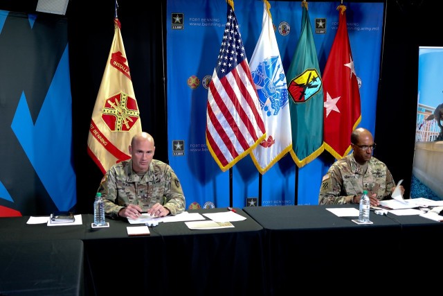 FORT BENNING, Ga. – Fort Benning officials videotape a town hall meeting May 12 to update the public on measures here to stem the spread of COVID-19. Maj. Gen. Gary M. Brito (right), commanding general of the U.S. Army Maneuver Center of Excellence and Fort Benning said a few restrictions would be eased soon but that there would be no broadscale lifting of precautionary measures unless the pandemic in Georgia declines for 14 straight days, after which any new changes would be done only gradually and with caution. Also updating the community was Col. Matthew Scalia, commander of U.S. Army Garrison Fort Benning.
(U.S. Army photo by Markeith Horace, Maneuver Center of Excellence, Fort Benning Public Affairs)

