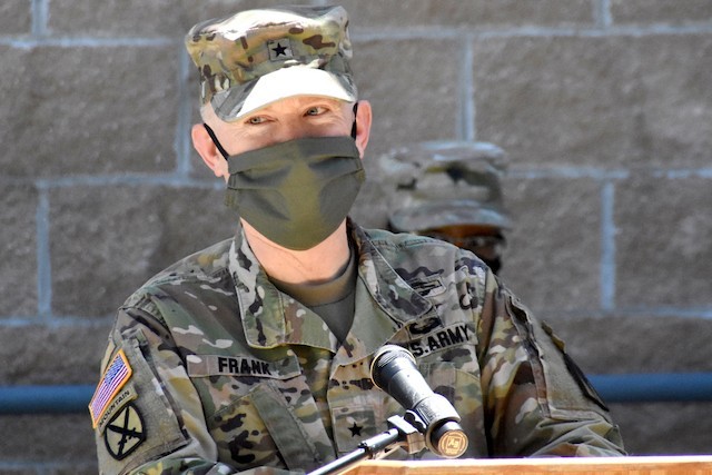 Brig. Gen. Patrick D. Frank, commander, JRTC and Fort Polk, addresses Soldiers with the 115th FH, 32nd HC, during a deployment ceremony May 6. The medics are deploying in support of  Task Force Evacuare.
