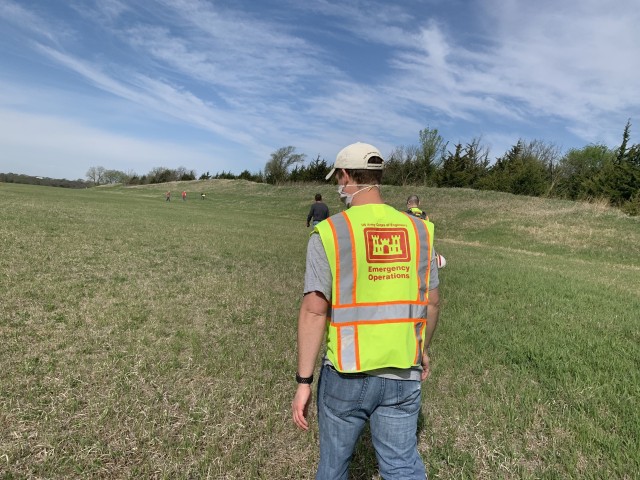 The Omaha District dam safety team performs an inspection May 1, at  Salt Creek Site 2, Olive Creek Dam, Neb., to check for erosion and if the outlet channel in satisfactory condition. This was the first inspection the team has performed since the...