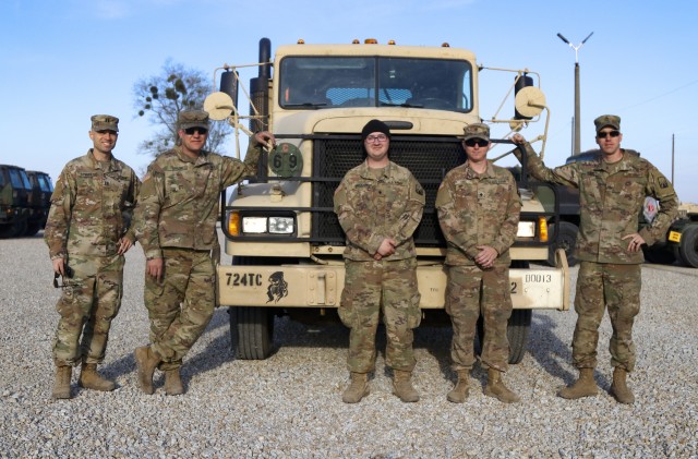 From left, U.S. Army Reserve Capt. Daniel Kovacs, Sgt. John Taylor, Spc. Justin Bicknell, Spc. Chance Vire and Staff Sgt. James Lowe, all with the 724th Transportation Company out of Bartonville, Illinois. The 724th is deployed to Poland, where they transport fuel and supplies to Army base camps throughout the country. (U.S. Army Reserve photo by Master Sgt. Ryan C. Matson, 652nd Regional Support Group)