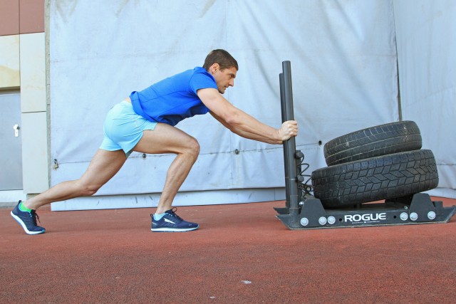 Lt. Col. Eric Palicia, U.S. Army Europe deputy facilities and
constructions chief, pushes a sled during a workout April 21, 2020, at U.S. Army Garrison Wiesbaden, Germany. Palicia was selected as the 2019 Installation Management Command male Army Athlete of the year.