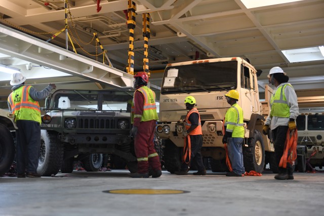 A Cooper/Ports America contract worker directs a driver to park a vehicle and others prepare to secure military vehicles on board the Liberty Passion at Naval Weapons Station, Joint Base Charleston in Support of DEFENDER-Europe 20 March 10, 2020. DEFENDER-Europe 20 exercises the deployment of a division-size combat-credible force from the United States to Europe, the drawing of equipment and the movement of personnel and equipment across the theater to various training areas. 