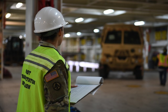 Sgt. Amanda Rovillo, 352nd Expeditionary Terminal Operations Element movement non-commissioned officer, inventories and verifies stow position of military vehicles on board the Liberty Passion at Naval Weapons Station, Joint Base Charleston in Support of DEFENDER-Europe 20 March 10, 2020. The United States Army Reserve unit is part of the Military Surface Deployment and Distribution Command’s total force team participating in the DEFENDER-Europe 20 exercises, deploying a division-size combat-credible force from the United States to Europe. 