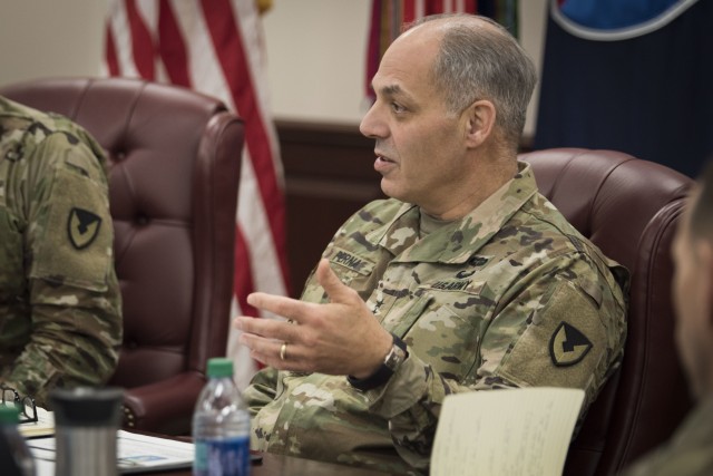 Gen. Gustave F. Perna, commanding general, U.S. Army Materiel Command, talks about his current vision for reform during a quarterly update at U.S. Army Sustainment Command headquarters, Rock Island Arsenal, Illinois, Feb. 26. Gen. Perna will co-lead an effort, dubbed Operation Warp Speed, to find a vaccine for COVID-19 by January 2021.