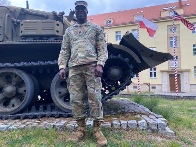 Capt. Daniel Edomwandagbon, with the 418th contracting brigade, 901st contracting battalion, with Army Contracting Command, (ACC) provides support for the 2nd Armored Brigade Combat Team, 1st Cavalry Division of Fort Hood, Tx during their current deployment in support of Atlantic Resolve on May 4, 2020. (Louisiana Army National Guard photo by Staff Sgt. Greg Stevens)