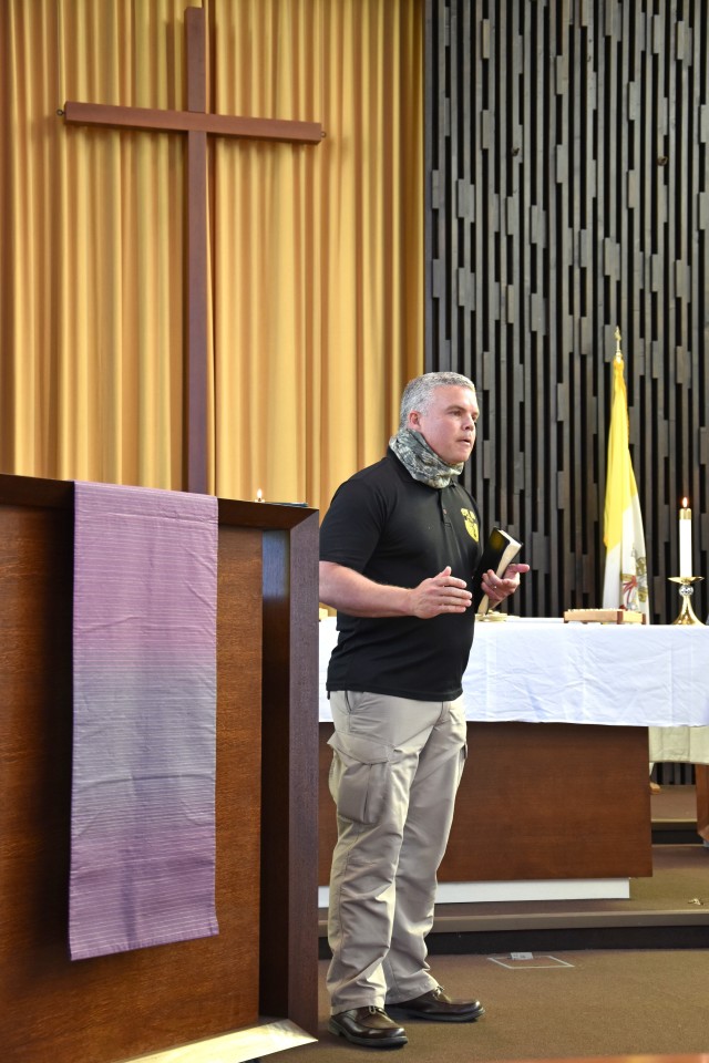 WIESBADEN, Germany - Chap. (Maj.) Daniel Claypoole delivers a sermon May 17 at Hainerberg Chapel. Families and individuals received the sacrament of communion for the first time in more than 10 weeks, following the relaxing of certain social distancing measures. Parishioners wore masks, washed their hands and entered the chapel one person or family at a time.