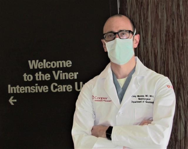 Army Major (Dr.) Corey Mossop, a neurosurgeon, continues to perform surgeries and supporting Cooper University’s COVID-19 efforts to protect patients and staff.                               