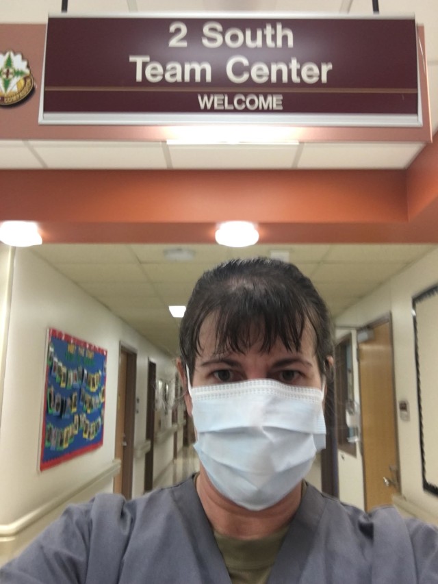 Retired Army Col. Dawn Flynn, who voluntarily returned to active duty to help during the COVID-19 pandemic response, shares a “selfie” prior to beginning her shift at the Madigan Army Medical Center on Joint Base Lewis-McChord, Wash., May 12,...