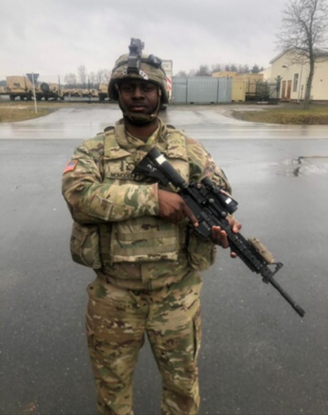 Spc. Davidson Momodebe, with the 2nd Armored Brigade Combat Team, 1st Cavalry Division from Fort Hood, TX during the Combined Resolve XIII exercise in Hohenfels, Germany on January 31, 2020. (Louisiana Army National Guard photo by Staff Sgt. Greg Stevens)