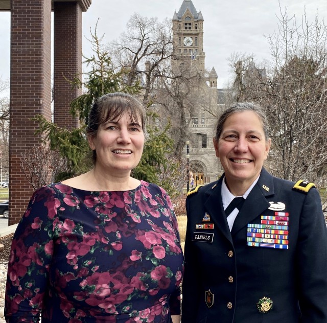 Utah Army Reserve Ambassador Dawn Flynn, left, poses with Maj. Gen. Jody J. Daniels, commanding general, 88th Readiness Division, during a visit to Salt Lake City, Jan. 28. Flynn, a U.S. Army veteran of more than 28 years, volunteered to return to service to help the U.S. Army’s response to the COVID-19 pandemic. She is currently working at Madigan Army Medical Center on Joint Base Lewis-McChord, Wash., as a critical care nurse in the step down care unit.
