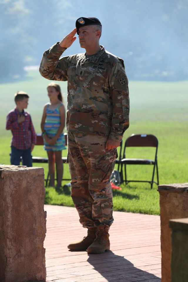 Division Command Sgt. Maj. Adam Nash, the senior enlisted leader of the 4th Infantry Division, salutes during the 4th Inf. Div.’s change of responsibility, May 18, 2020, at Manhart Field, Fort Carson. “Thank you for giving me the humbling opportunity to serve as your command sergeant major in the Army’s best division,” Nash said. “Steadfast and loyal.” (U.S. Army photo by Pfc. Kelsey Simmons)